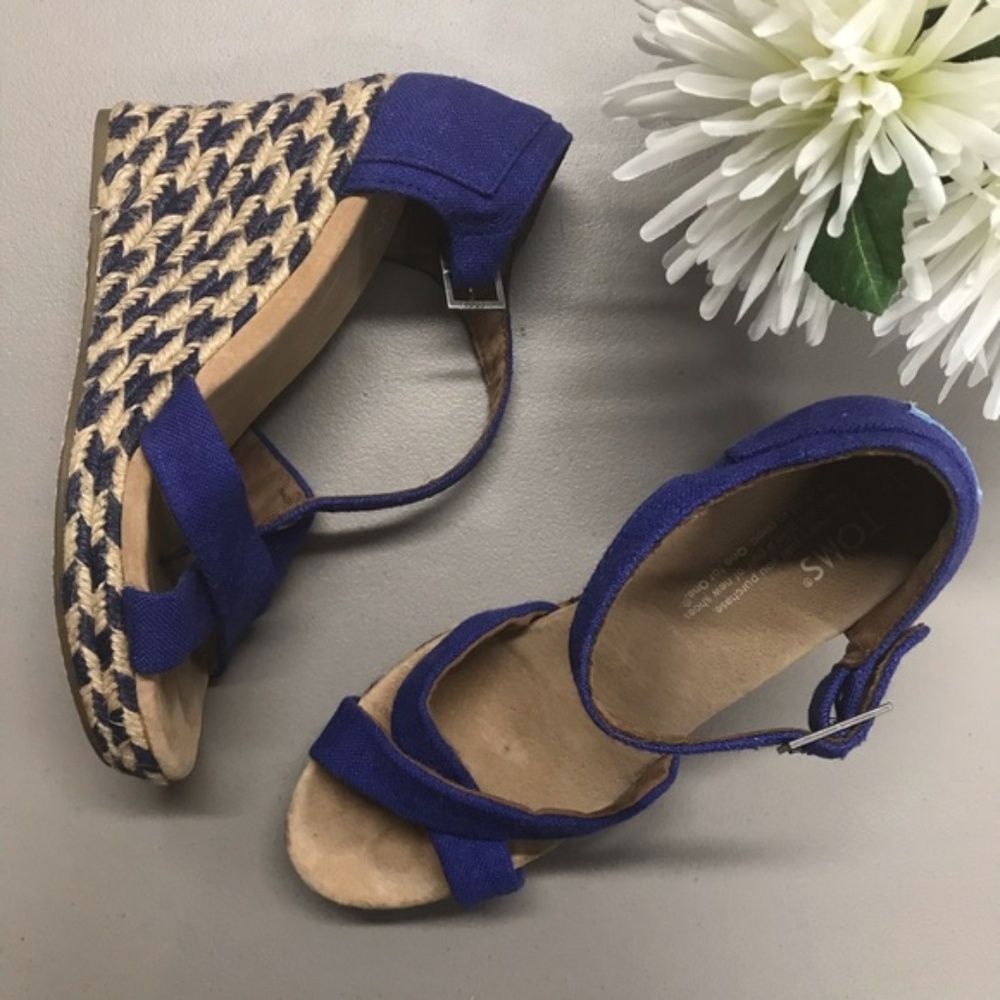Toms Strappy Blue Wedge Jute with Ankle Strap